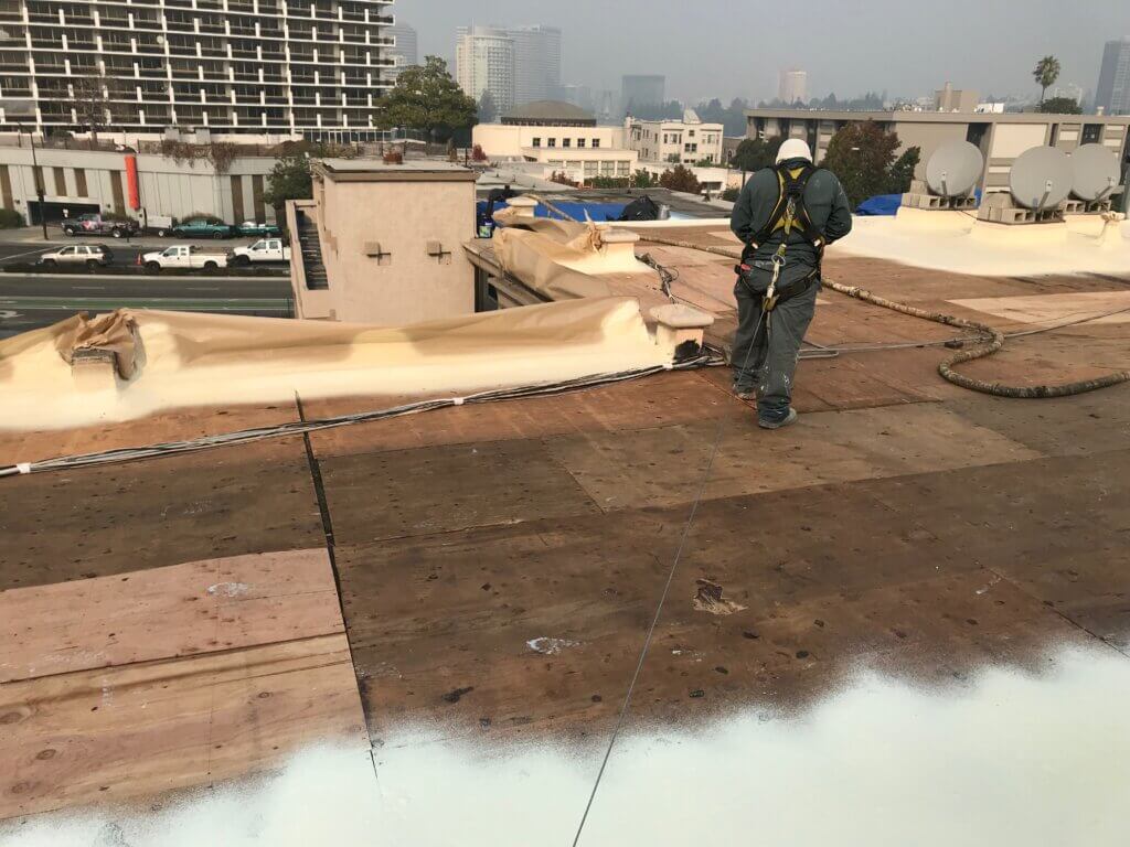 Spray foam roofing being installed in the San Francisco Bay Area