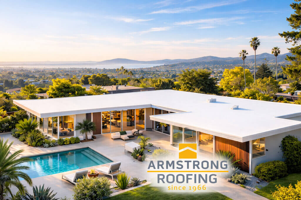 High-angle aerial view of a classic mid-century modern Eichler home in a sunny Bay Area neighborhood, featuring clean lines, large glass walls, a backyard pool, and a bright white seamless foam roof, with the Armstrong Roofing logo displayed in the upper corner.