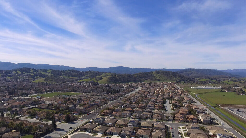 Aerial view of Gilroy (Garlic capital of the world), California, USA, from drone shot