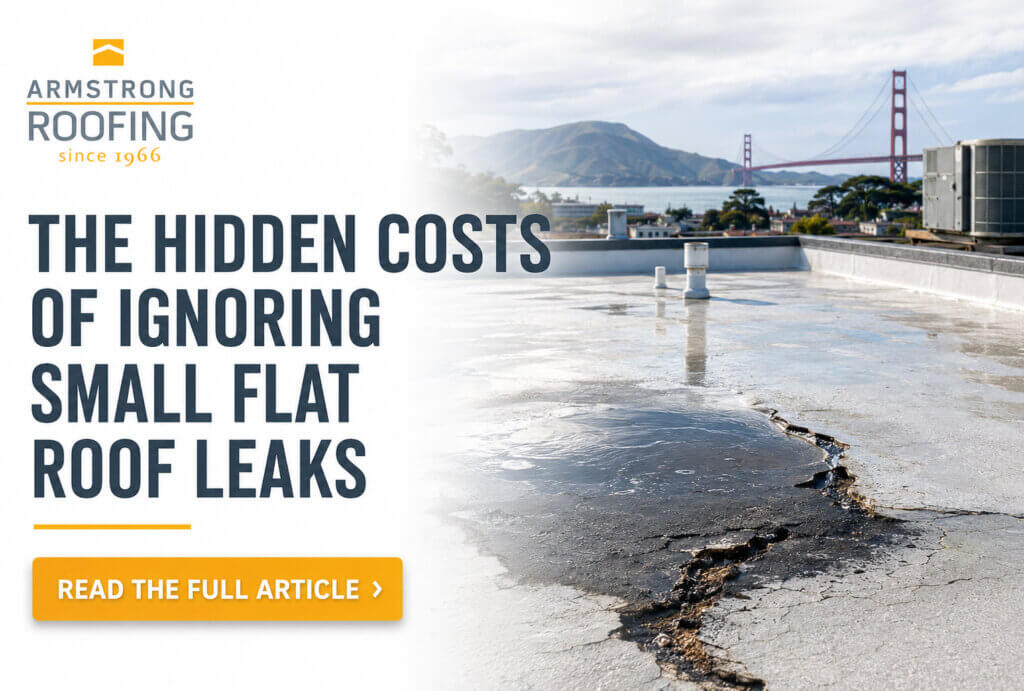 the blog title card for hidden cost of small flat roof leak damage. Show water damage and a cracked flat roof