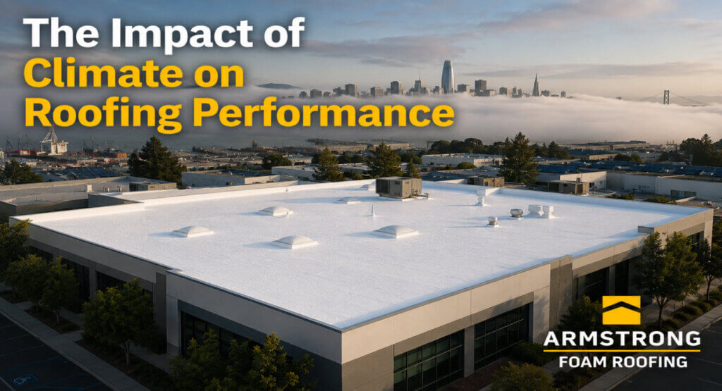 'Armstrong SPF foam roof on Bay Area flat-roof building with San Francisco fog in background