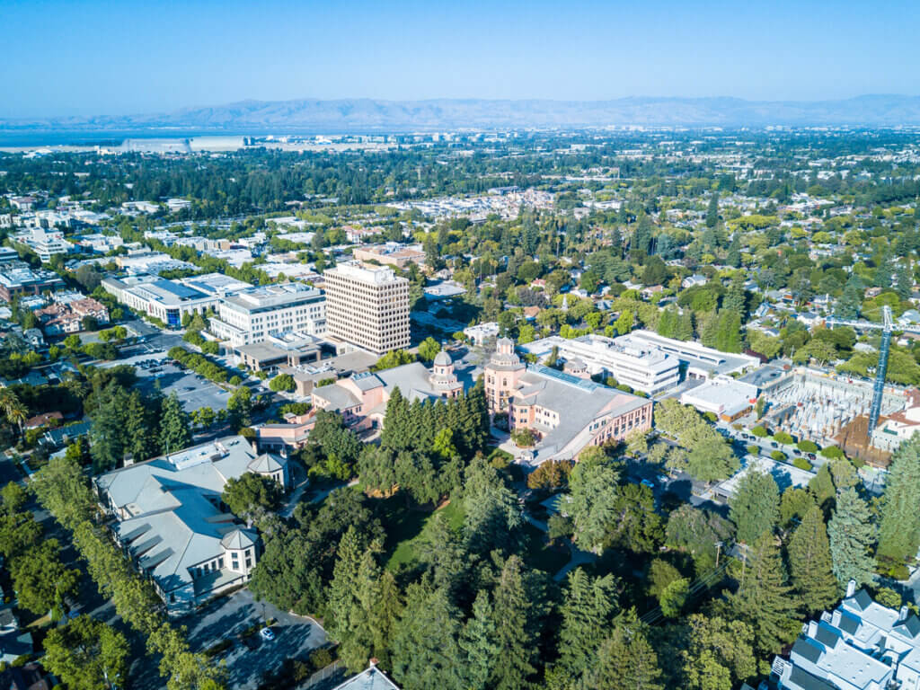 Drone view of downtown Mountain View in California