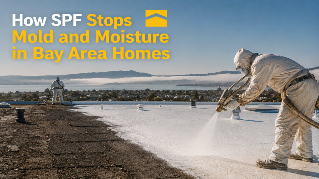 Roofing crew applying white spray foam roofing over an aging flat roof in the San Francisco Bay Area, creating a seamless moisture barrier to prevent leaks and mold.